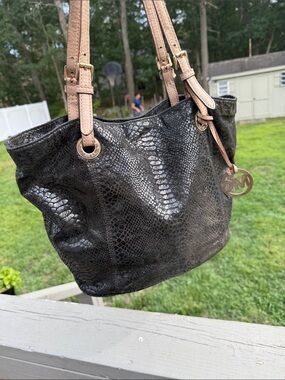 Michael Kors Black Snakeskin-Print Tote with Tan Straps
